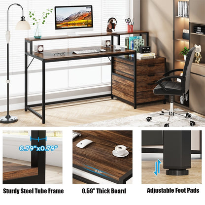Scrivania per computer da 63 pollici con supporto per monitor, scrivania ergonomica per ufficio a casa con cassetti e mobile porta documenti.