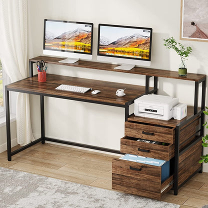 Scrivania per computer da 63 pollici con supporto per monitor, scrivania ergonomica per ufficio a casa con cassetti e mobile porta documenti.