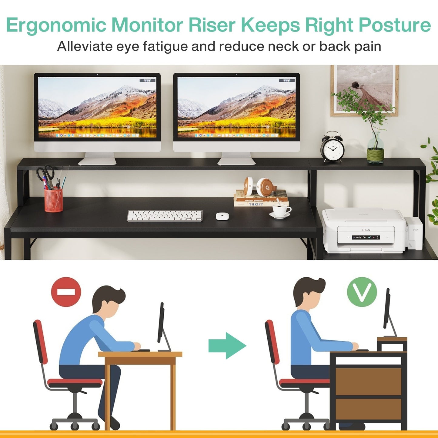 Scrivania per computer da 63 pollici con supporto per monitor, scrivania ergonomica per ufficio a casa con cassetti e mobile porta documenti.