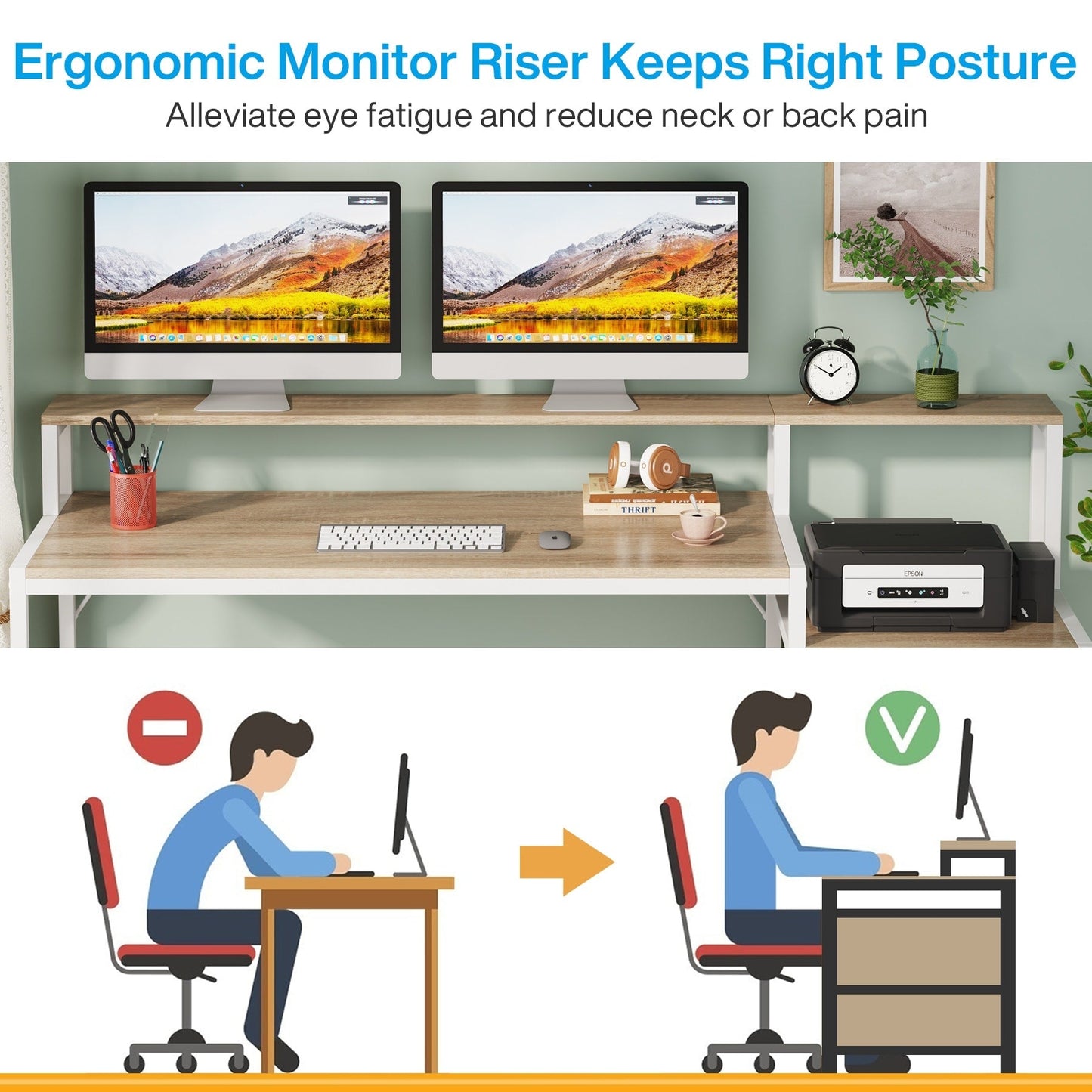 Scrivania per computer da 63 pollici con supporto per monitor, scrivania ergonomica per ufficio a casa con cassetti e mobile porta documenti.