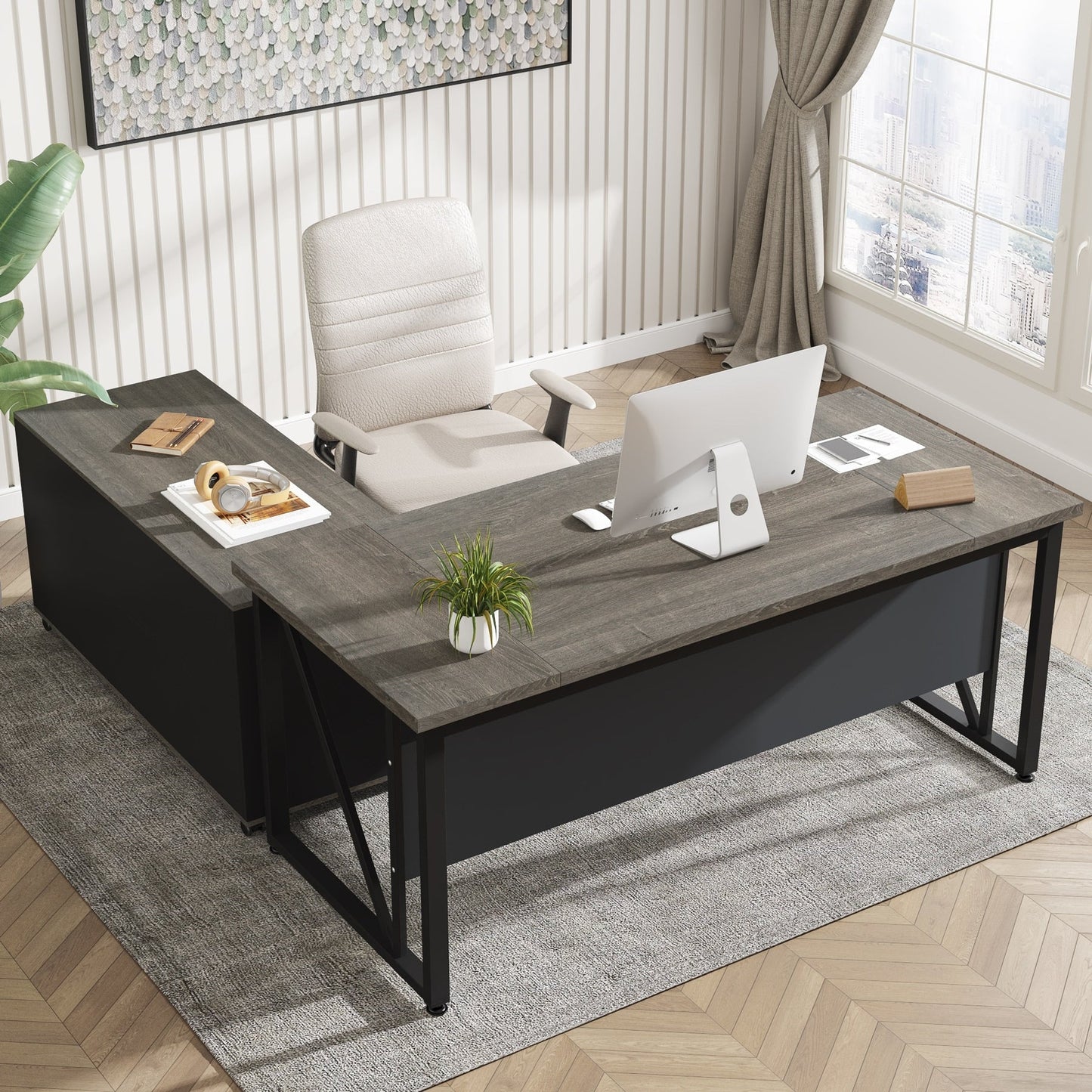 Scrivania a forma di L da 63 pollici con mobile porta documenti laterale da 47 pollici, set di scrivania per ufficio e casa per dirigenti.
