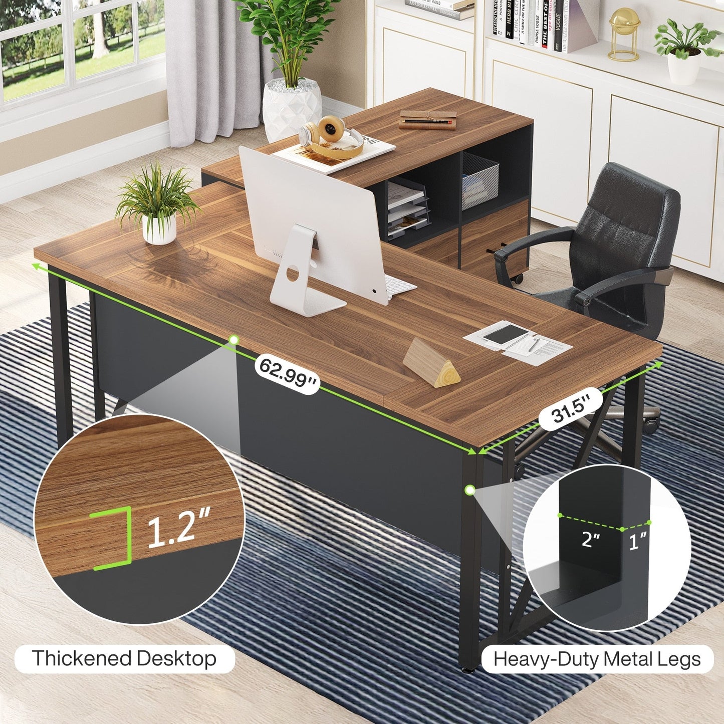 Scrivania a forma di L da 63 pollici con mobile porta documenti laterale da 47 pollici, set di scrivania per ufficio e casa per dirigenti.