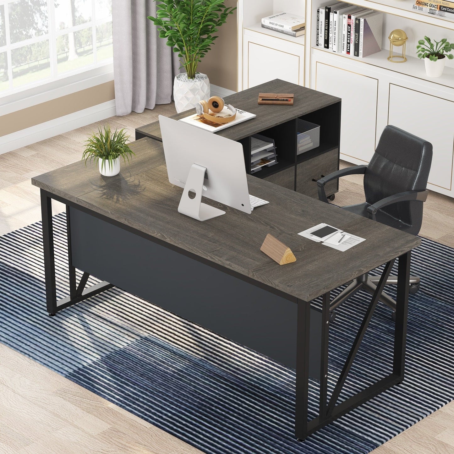 Scrivania a forma di L da 63 pollici con mobile porta documenti laterale da 47 pollici, set di scrivania per ufficio e casa per dirigenti.