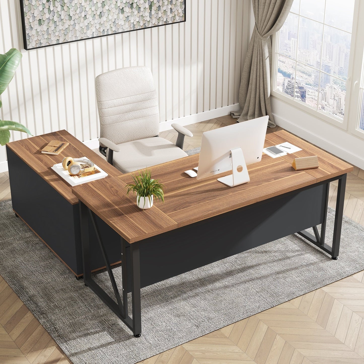 Scrivania a forma di L da 63 pollici con mobile porta documenti laterale da 47 pollici, set di scrivania per ufficio e casa per dirigenti.