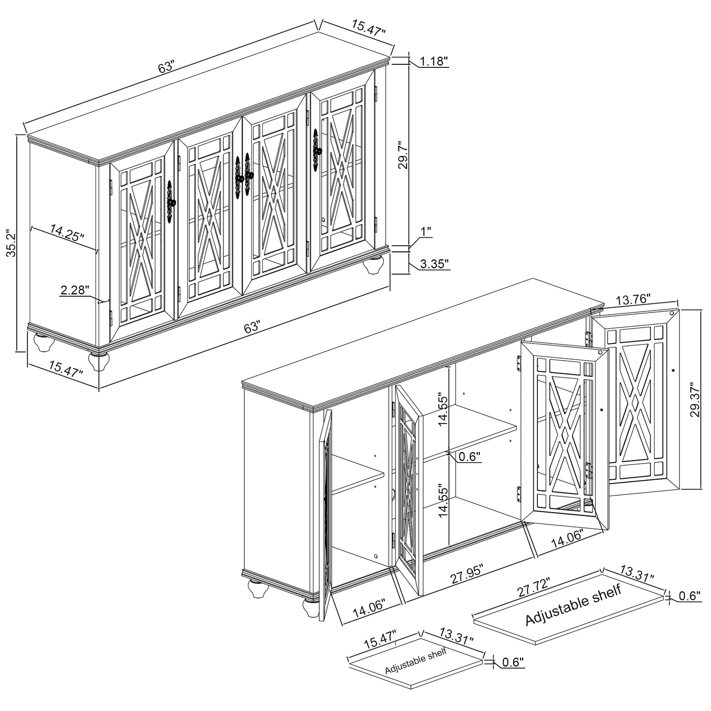 Buffet/Credenza da Cucina in Legno in Stile Vintage - 160 cm di Larghezza