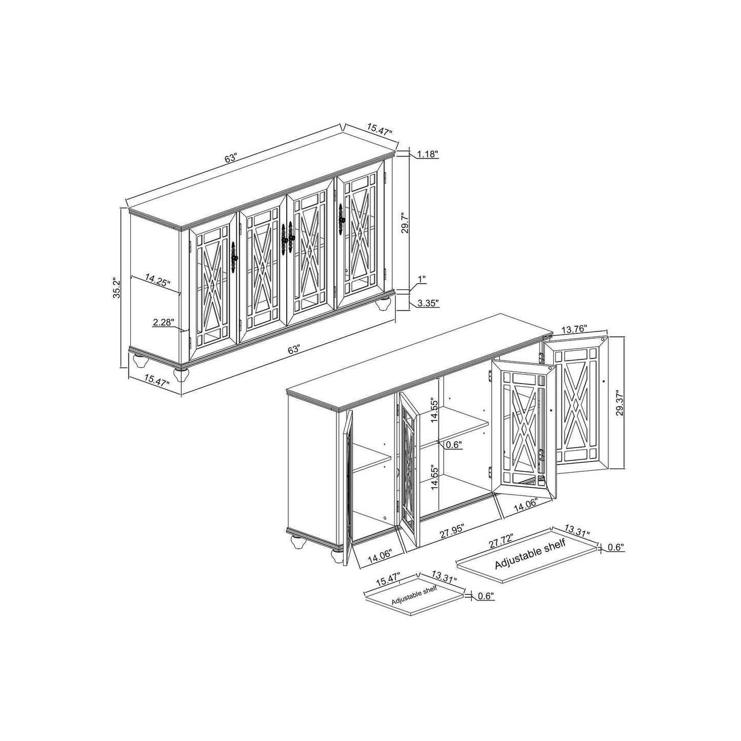 Buffet/Credenza da Cucina in Legno in Stile Vintage - 160 cm di Larghezza