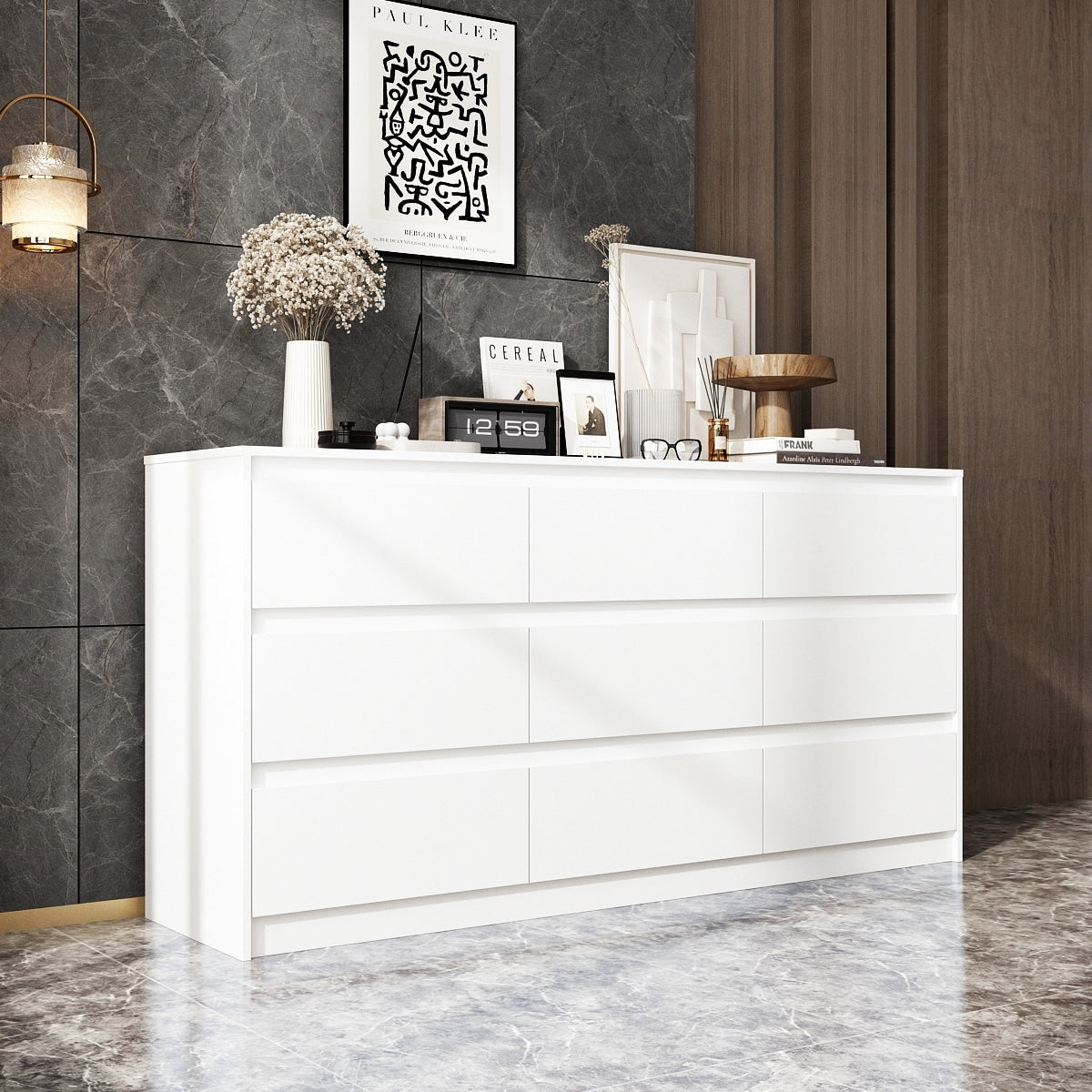 Comò con 9 cassetti da 63W, comò decorativo per soggiorno e camera da letto.