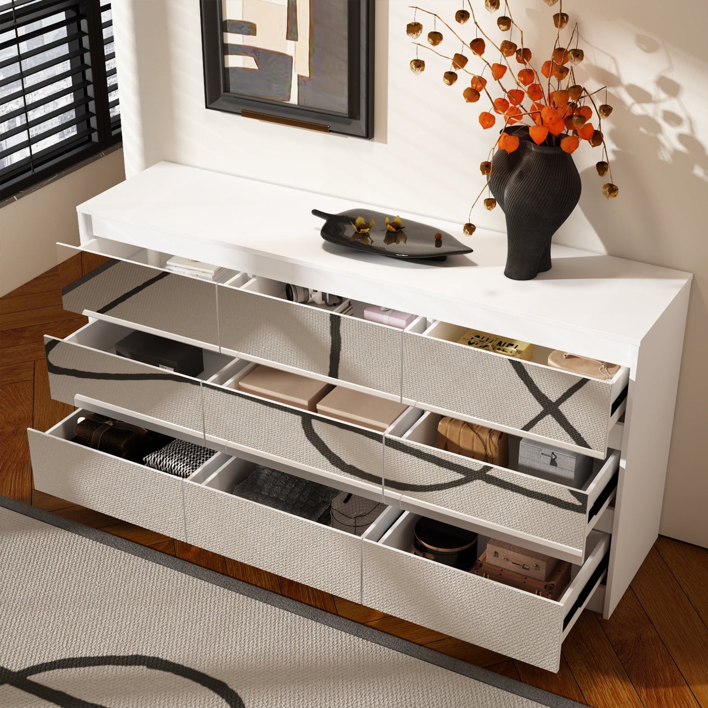 Comò con 9 cassetti da 63W, comò decorativo per soggiorno e camera da letto.