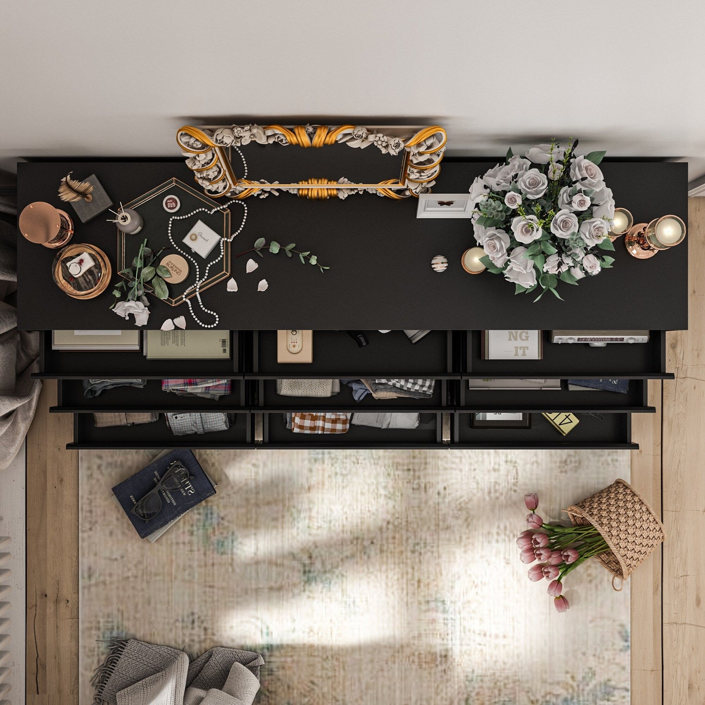 Comò con 9 cassetti da 63W, comò decorativo per soggiorno e camera da letto.