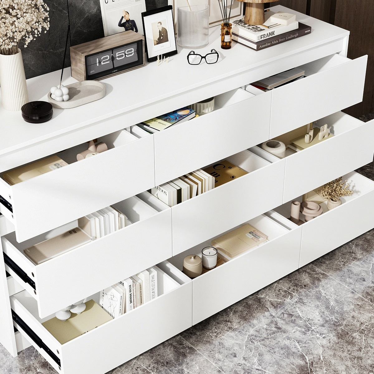 Comò con 9 cassetti da 63W, comò decorativo per soggiorno e camera da letto.