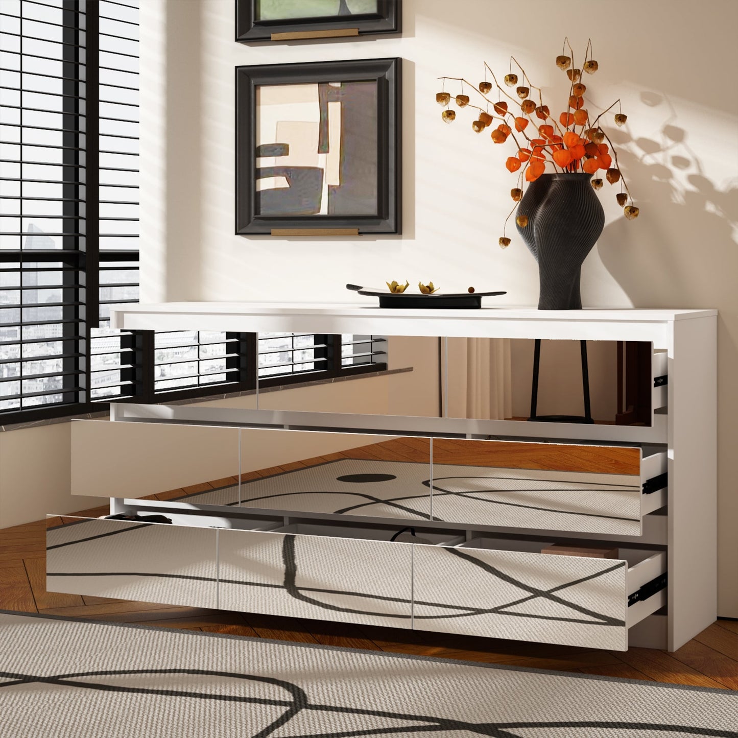 Comò con 9 cassetti da 63W, comò decorativo per soggiorno e camera da letto.