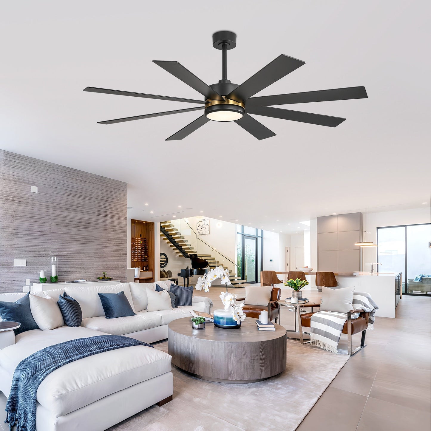Ventilatore da soffitto a LED nero da 65 pollici con 8 pale, luce e telecomando.