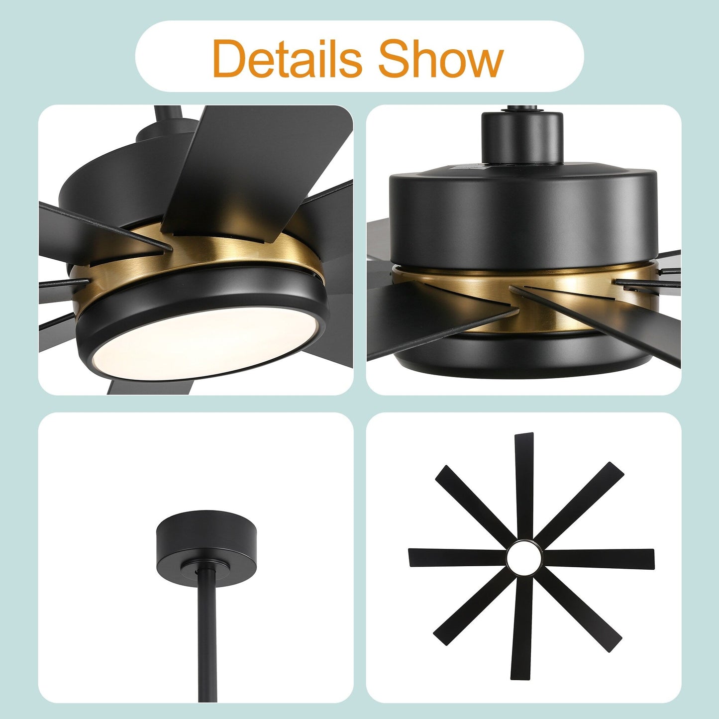 Ventilatore da soffitto a LED nero da 65 pollici con 8 pale, luce e telecomando.