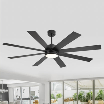 Ventilatore da soffitto a LED nero da 65 pollici con 8 pale, luce e telecomando.