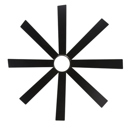 Ventilatore da soffitto a LED nero da 65 pollici con 8 pale, luce e telecomando.