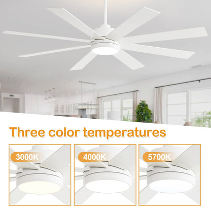 Ventilatore da soffitto a LED nero da 65 pollici con 8 pale, luce e telecomando.