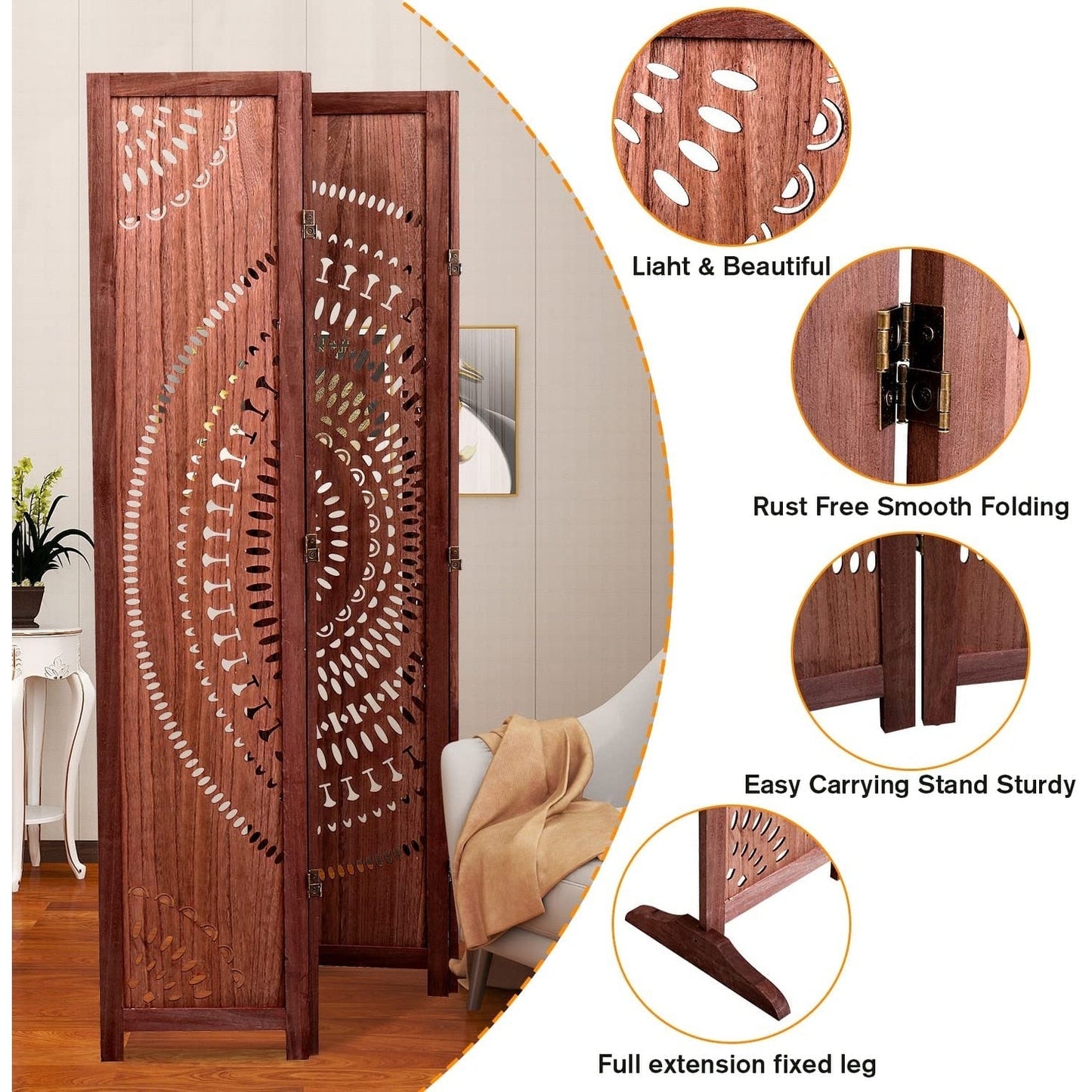 Paravento pieghevole in legno massello, altezza 65''