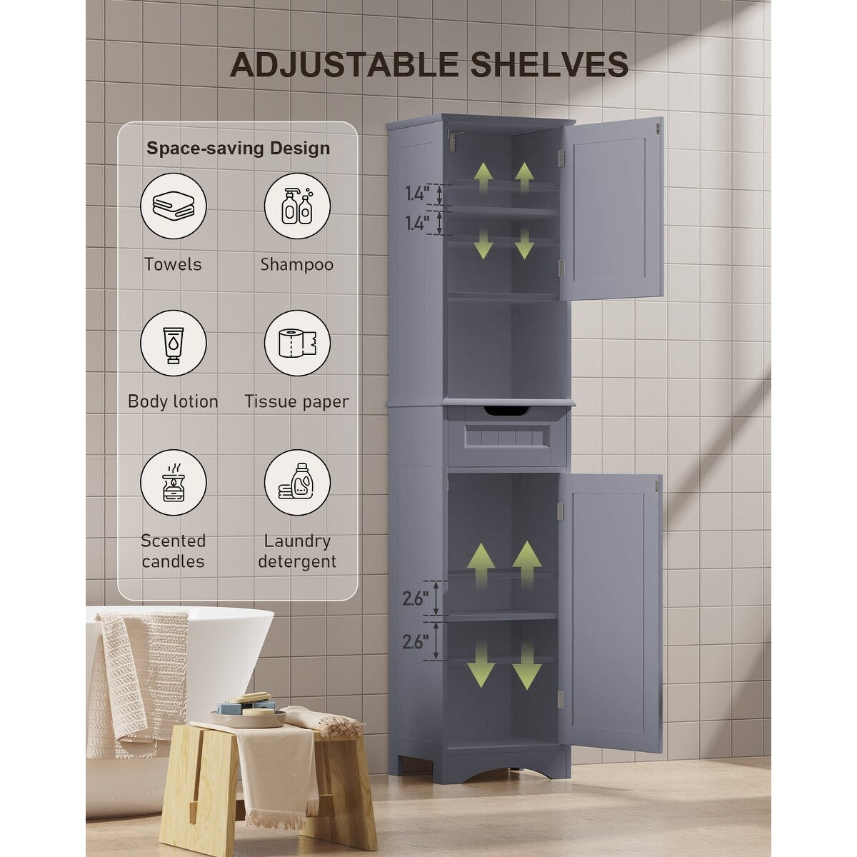 Armadio a muro per bagno, modello Linen, alto 67 pollici, stretto, con 5 ripiani, in legno massello, a posizionamento libero.