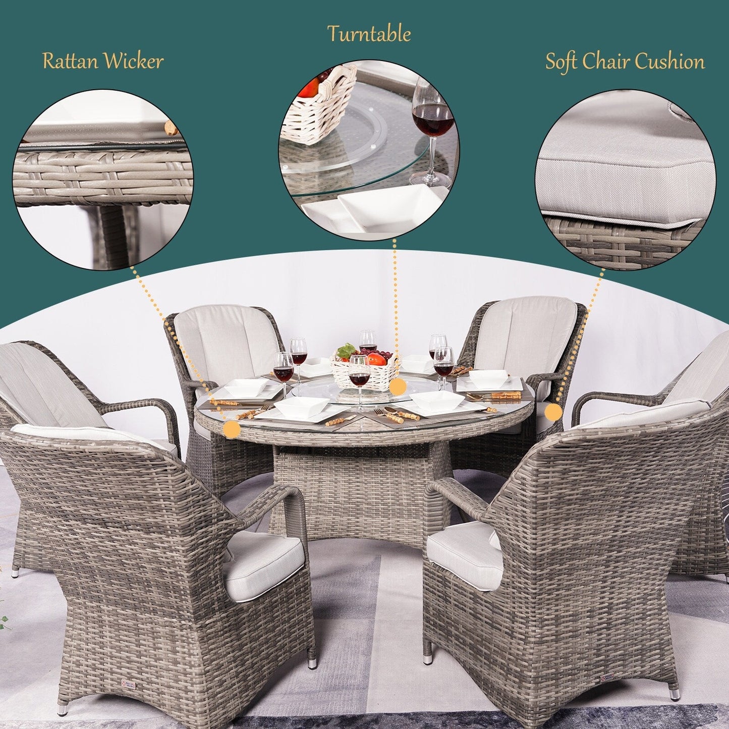 Set da pranzo da esterno rotondo in vimite intrecciato da 7 pezzi con cuscini di Moda Furnishings