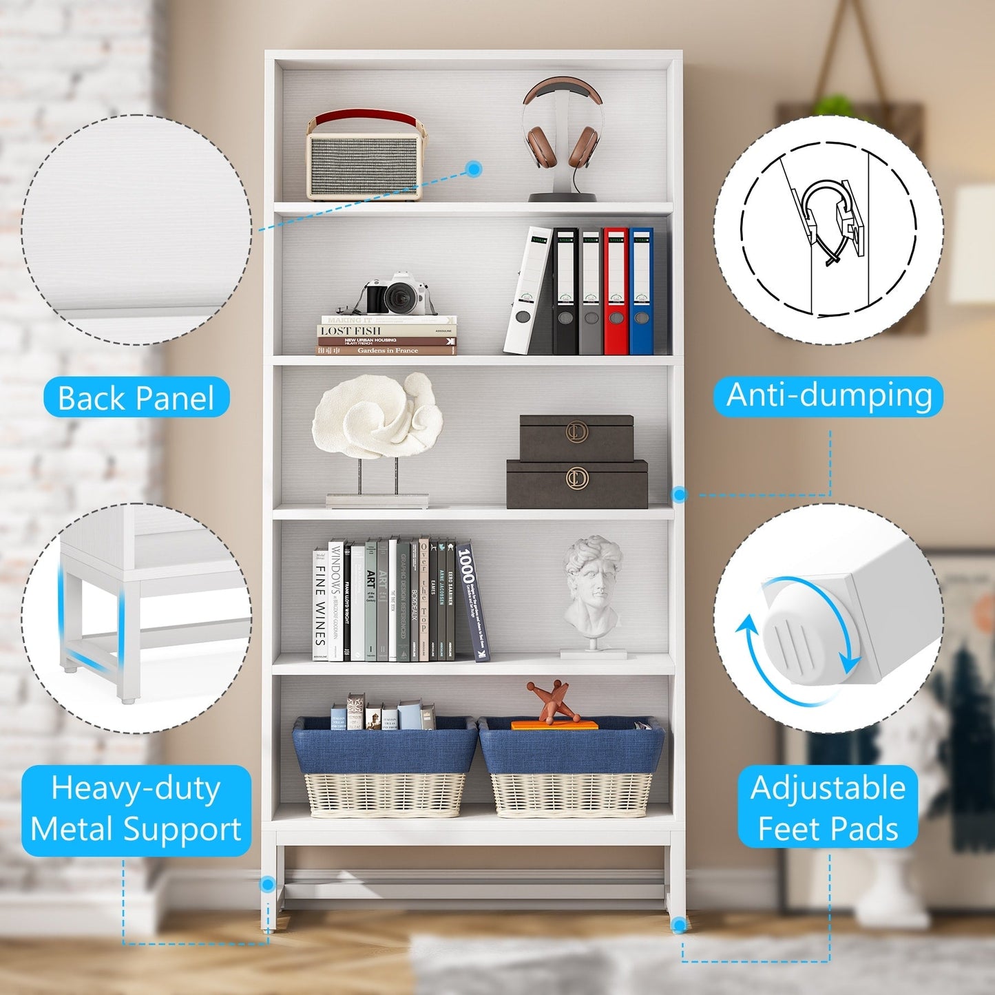 Libreria e scaffale portaoggetti alto 70,8 pollici, libreria a 5 ripiani di grandi dimensioni - 11,81 pollici di profondità x 31,5 pollici di larghezza x 70,87 pollici di altezza