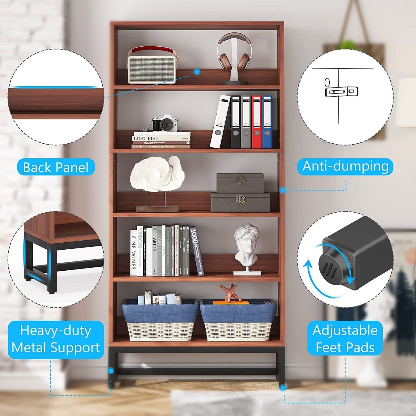 Libreria e scaffale portaoggetti alto 70,8 pollici, libreria a 5 ripiani di grandi dimensioni - 11,81 pollici di profondità x 31,5 pollici di larghezza x 70,87 pollici di altezza