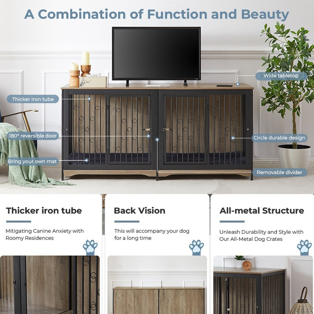 Casetta per cani da 70,86'' in stile mobile, per cani di grossa taglia, con TV stand, cuscino e due vani (senza cuscino)