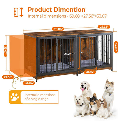 Casetta per cani da 70,86'' in stile mobile, per cani di grossa taglia, con TV stand, cuscino e due vani (senza cuscino)