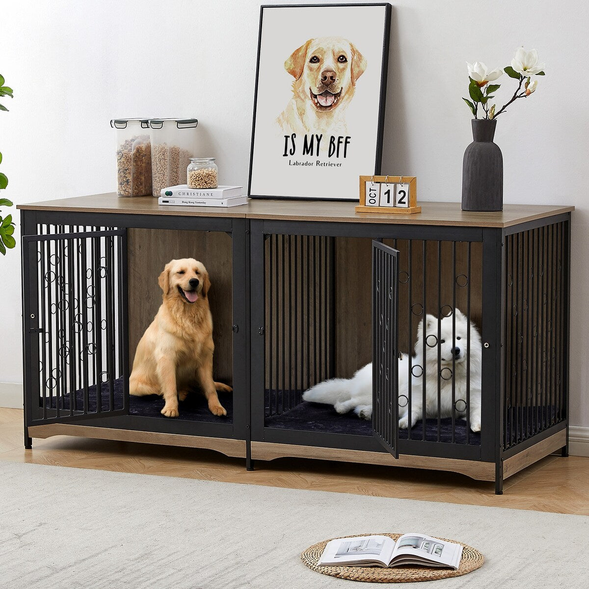 Casetta per cani da 70,86'' in stile mobile, per cani di grossa taglia, con TV stand, cuscino e due vani (senza cuscino)