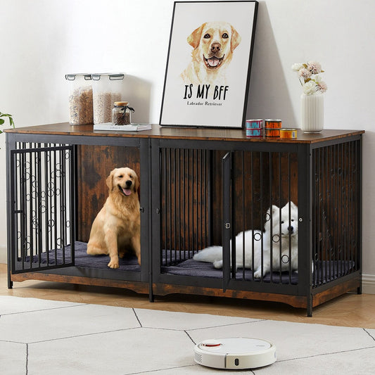 Casetta per cani da 70,86'' in stile mobile, per cani di grossa taglia, con TV stand, cuscino e due vani (senza cuscino)