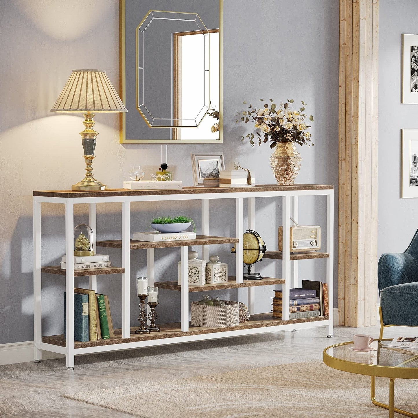 Tavolo console per divano da 180 cm con spazio portaoggetti, tavolo da ingresso a 3 livelli per corridoio