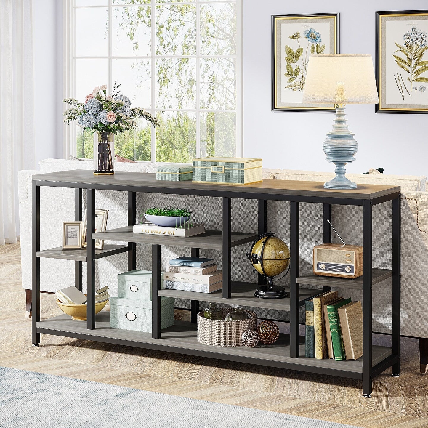 Tavolo console per divano da 180 cm con spazio portaoggetti, tavolo da ingresso a 3 livelli per corridoio