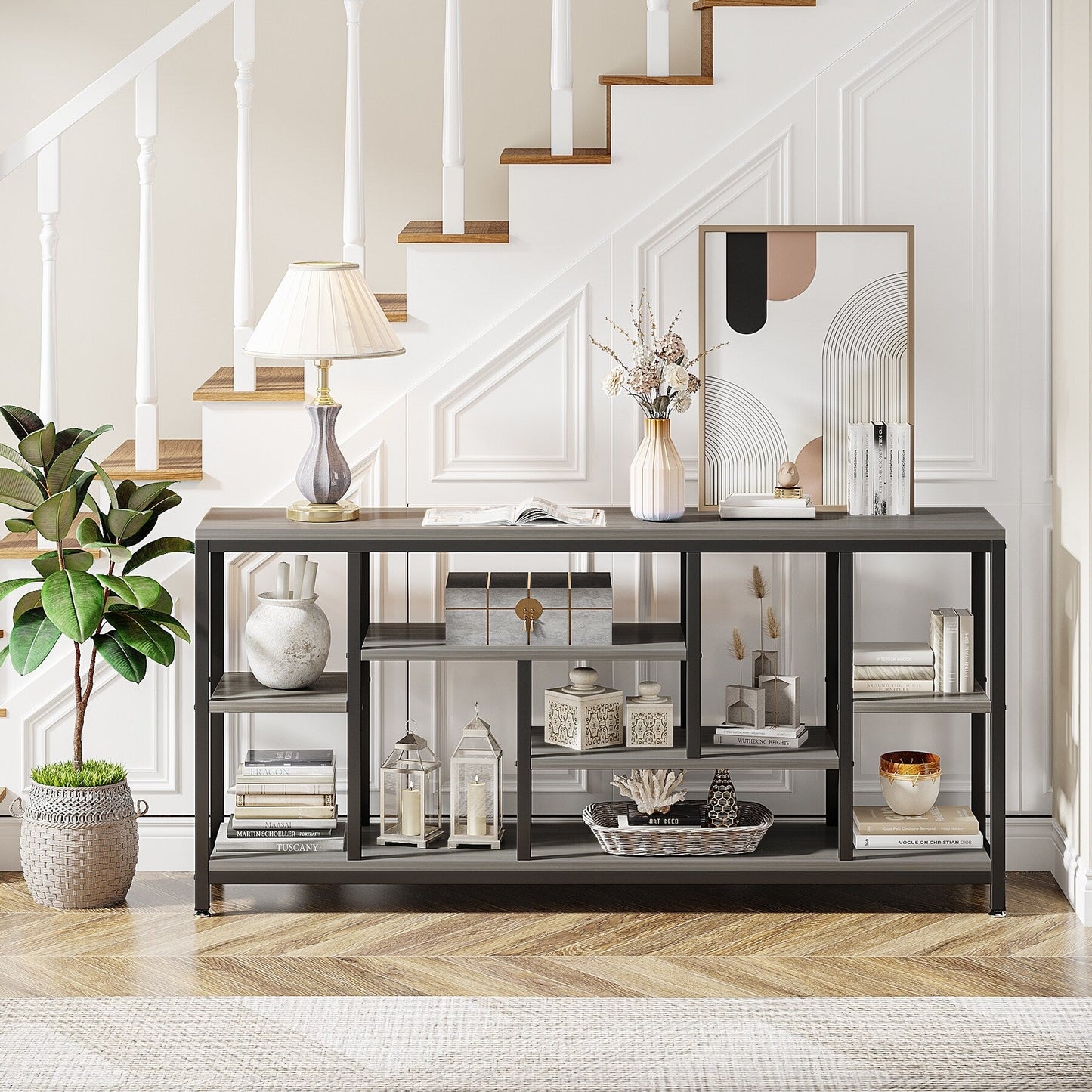 Tavolo console per divano da 180 cm con spazio portaoggetti, tavolo da ingresso a 3 livelli per corridoio