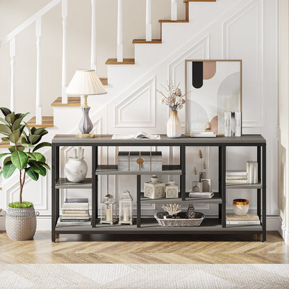 Tavolo console per divano da 180 cm con spazio portaoggetti, tavolo da ingresso a 3 livelli per corridoio