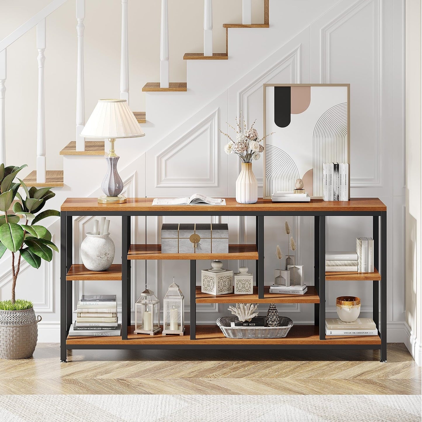 Tavolo console per divano da 180 cm con spazio portaoggetti, tavolo da ingresso a 3 livelli per corridoio