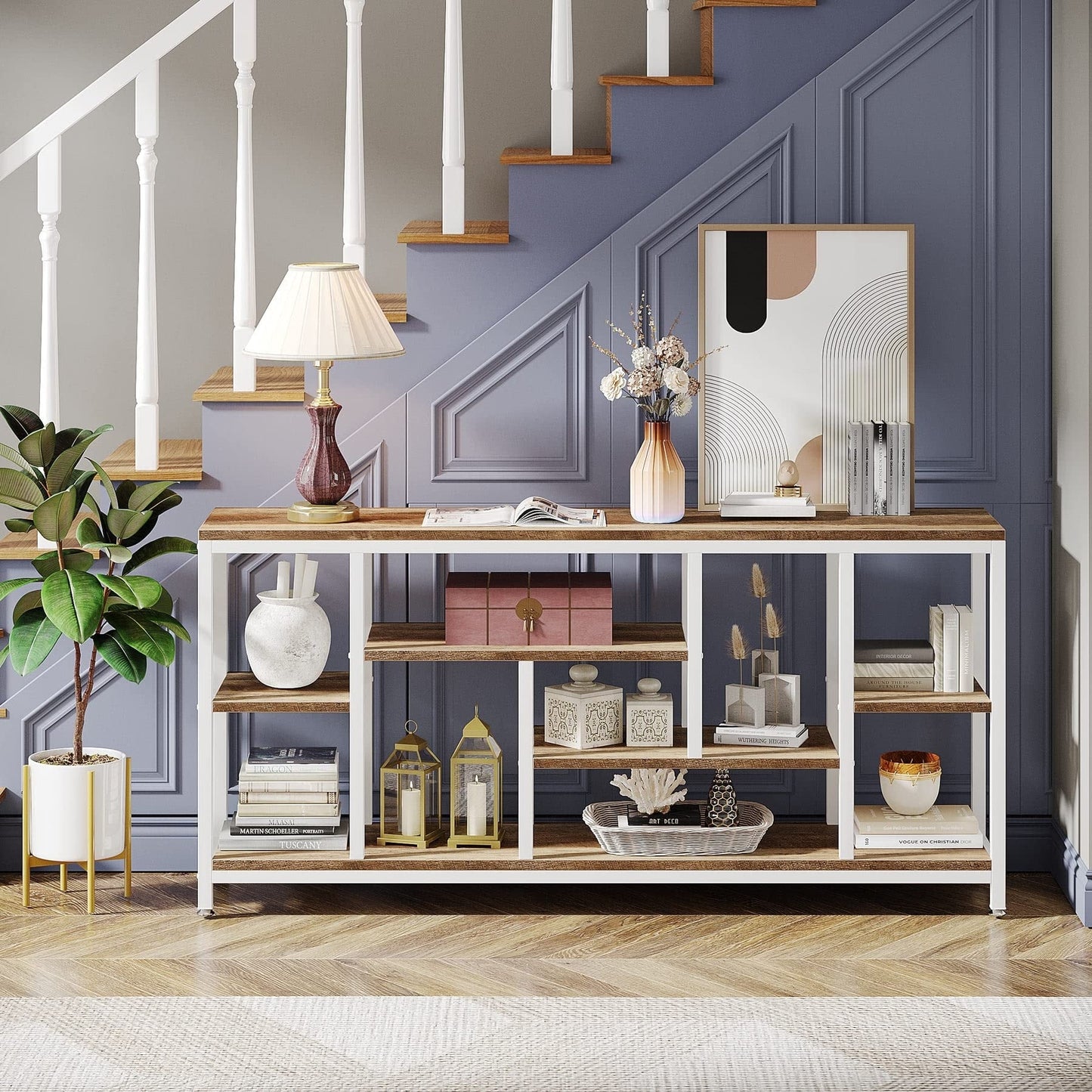 Tavolo console per divano da 180 cm con spazio portaoggetti, tavolo da ingresso a 3 livelli per corridoio