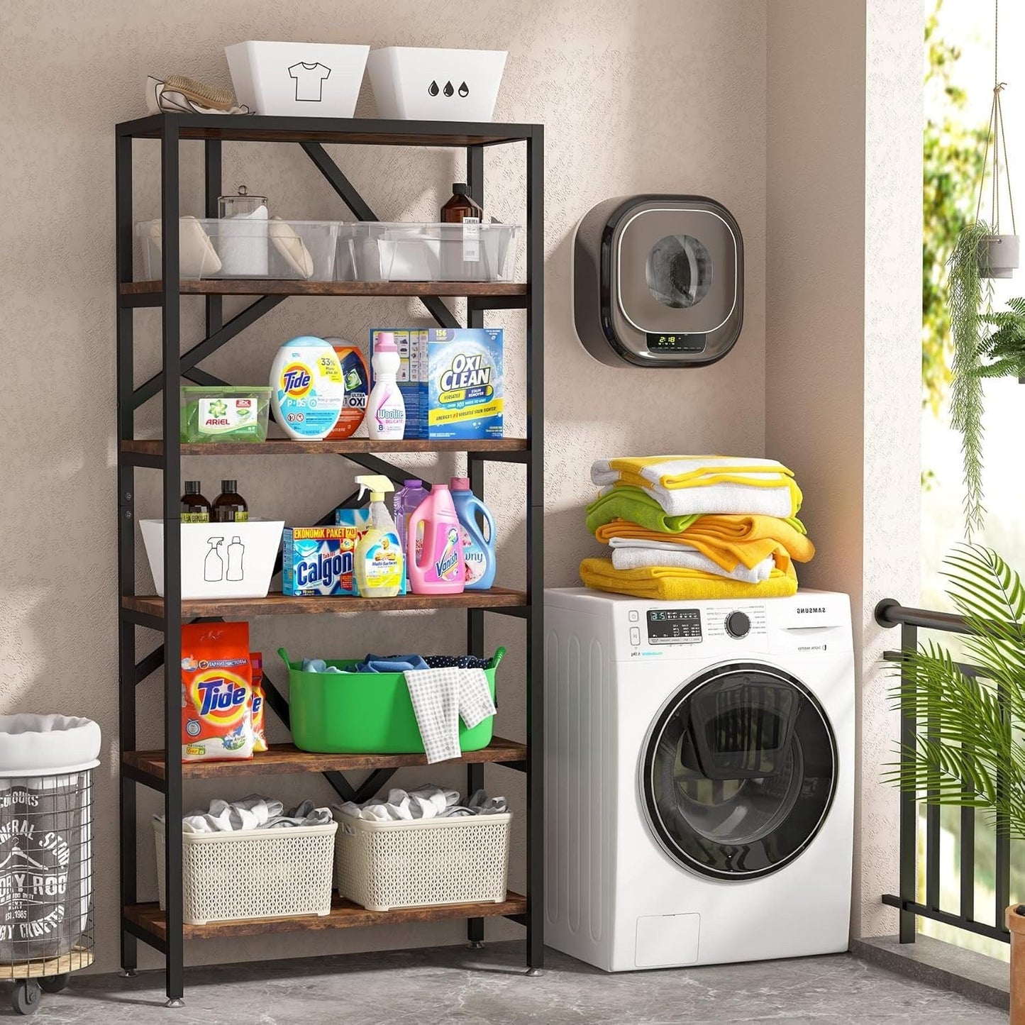 71 Libreria in stile industriale, scaffale a 6 livelli in legno marrone rustico, scaffali aperti per libri