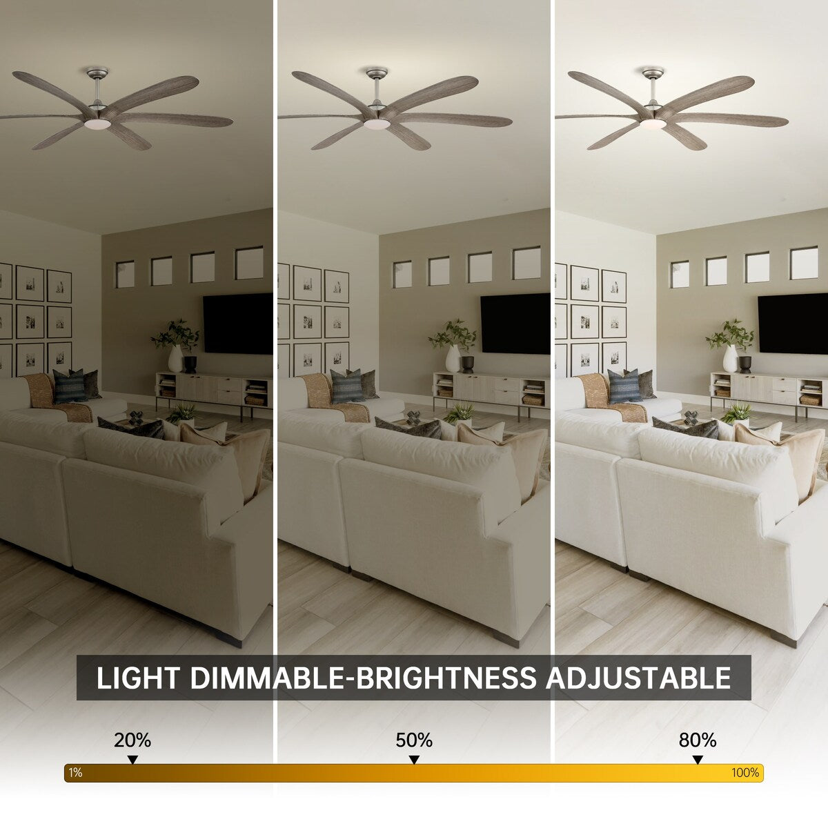 Ventilatore da soffitto a 6 pale da 72 pollici in legno massello con luce e telecomando, a corrente continua.