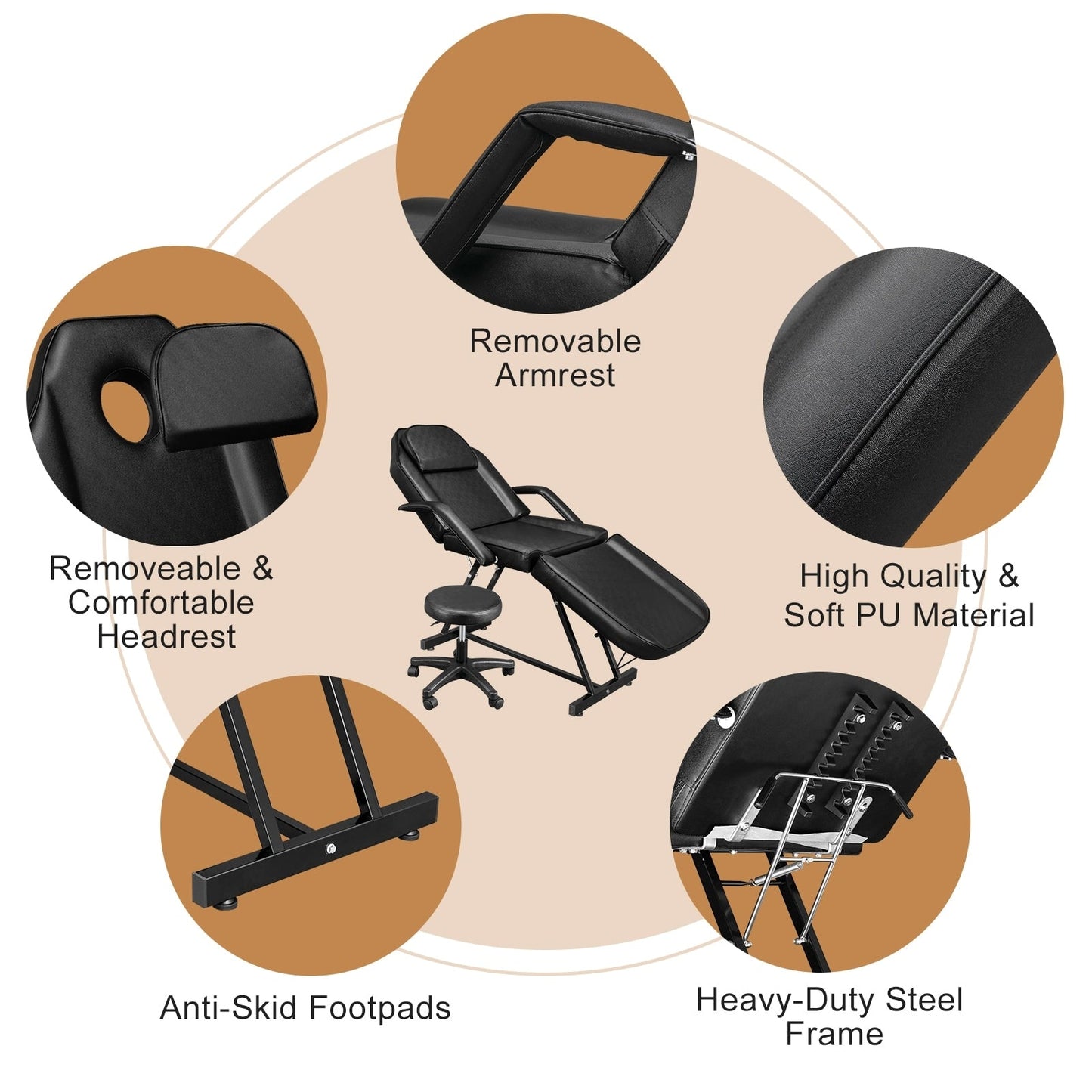 Letto da massaggio, poltrona per tatuaggi e sgabello regolabili per centri estetici e centri benessere (73)