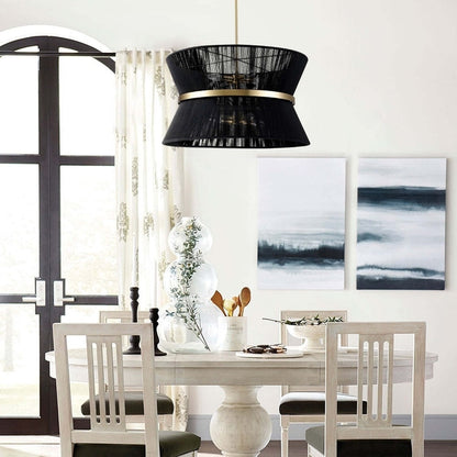 Lampadario a 8 luci, stile bohémien moderno, a forma di tamburo, grande, con tessuto a forma di clessidra intrecciato a mano, colore oro/nero, per sala da pranzo/soggiorno, diametro 60 cm (24 pollici).