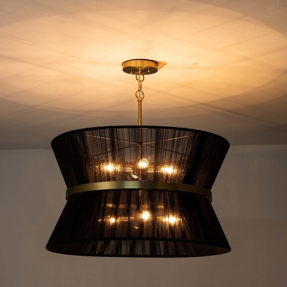 Lampadario a 8 luci, stile bohémien moderno, a forma di tamburo, grande, con tessuto a forma di clessidra intrecciato a mano, colore oro/nero, per sala da pranzo/soggiorno, diametro 60 cm (24 pollici).