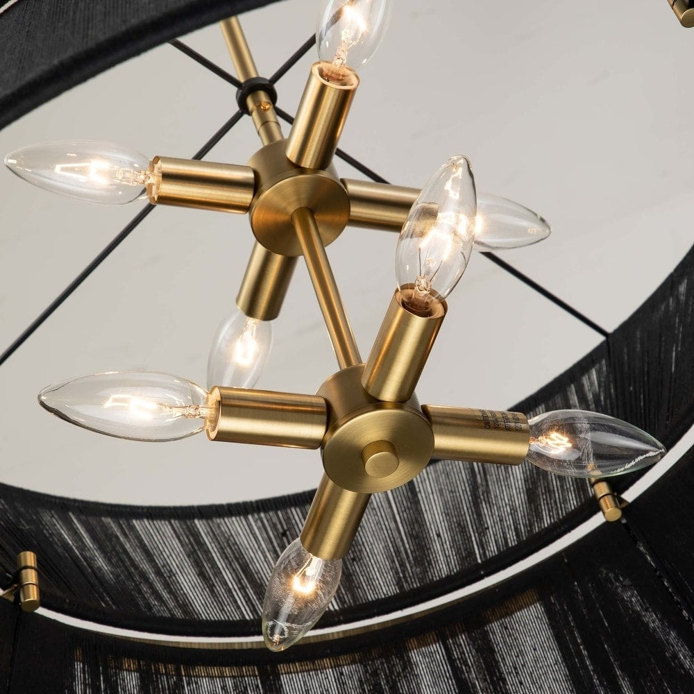 Lampadario a 8 luci, stile bohémien moderno, a forma di tamburo, grande, con tessuto a forma di clessidra intrecciato a mano, colore oro/nero, per sala da pranzo/soggiorno, diametro 60 cm (24 pollici).