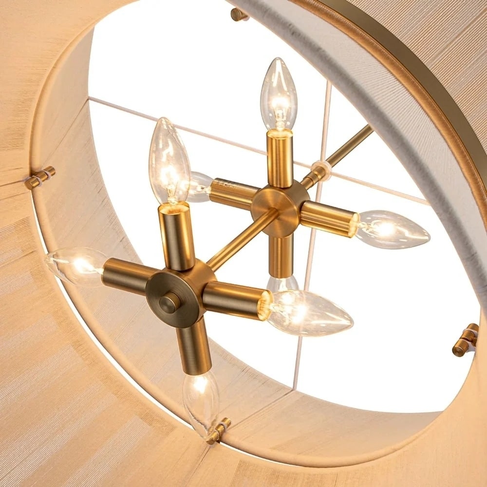 Lampadario a 8 luci, stile bohémien moderno, a forma di tamburo, grande, con tessuto a forma di clessidra intrecciato a mano, colore oro/nero, per sala da pranzo/soggiorno, diametro 60 cm (24 pollici).