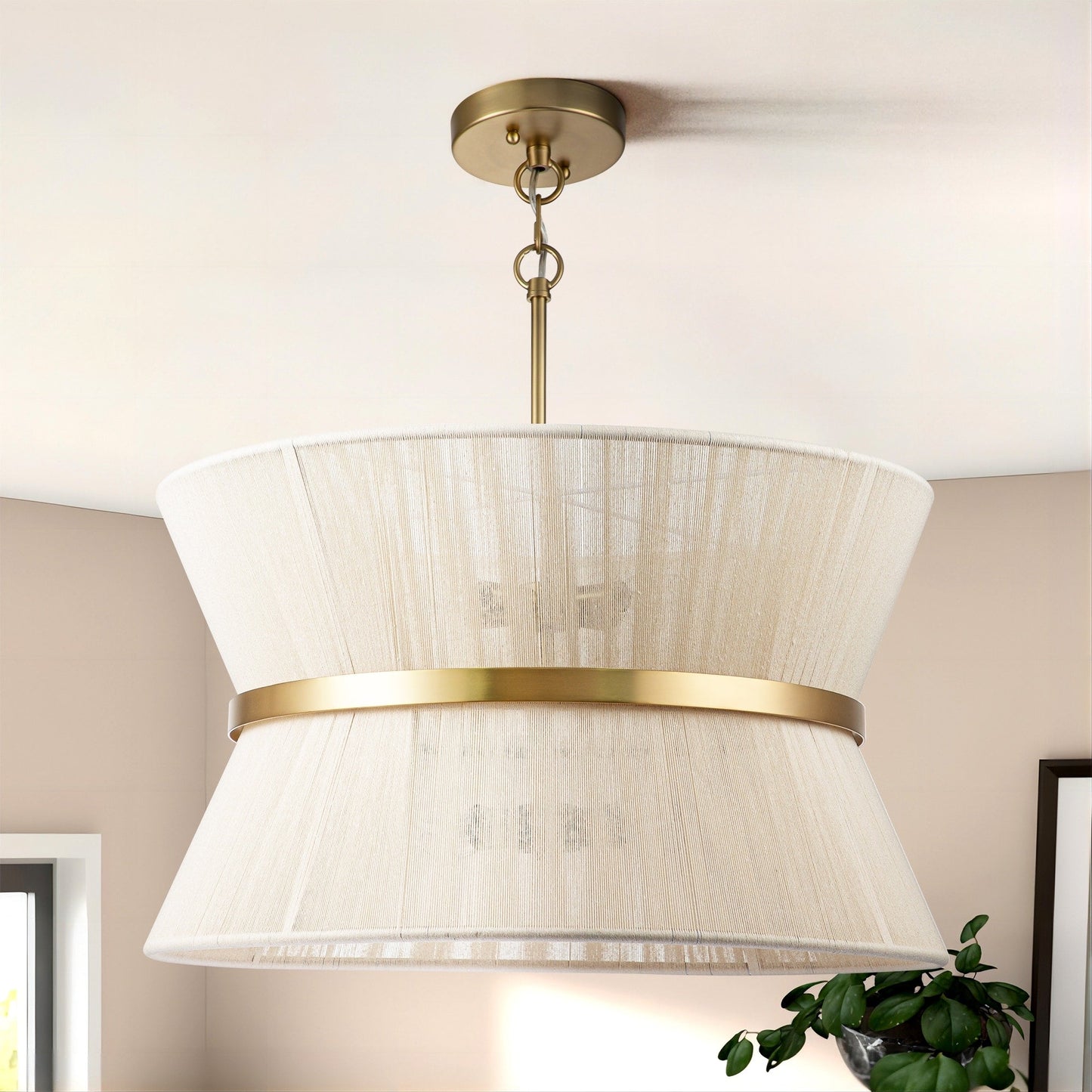 Lampadario a 8 luci, stile bohémien moderno, a forma di tamburo, grande, con tessuto a forma di clessidra intrecciato a mano, colore oro/nero, per sala da pranzo/soggiorno, diametro 60 cm (24 pollici).