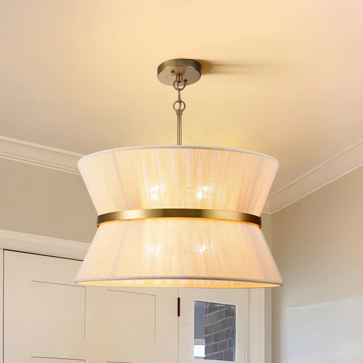 Lampadario a 8 luci, stile bohémien moderno, a forma di tamburo, grande, con tessuto a forma di clessidra intrecciato a mano, colore oro/nero, per sala da pranzo/soggiorno, diametro 60 cm (24 pollici).