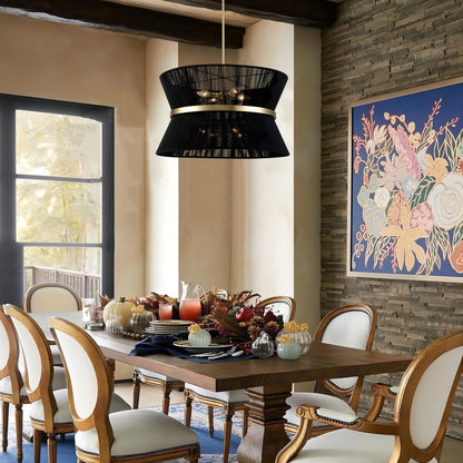 Lampadario a 8 luci, stile bohémien moderno, a forma di tamburo, grande, con tessuto a forma di clessidra intrecciato a mano, colore oro/nero, per sala da pranzo/soggiorno, diametro 60 cm (24 pollici).