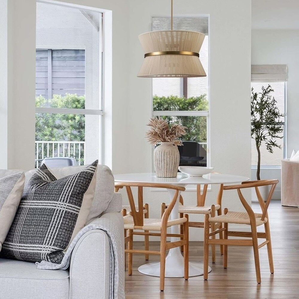 Lampadario a 8 luci, stile bohémien moderno, a forma di tamburo, grande, con tessuto a forma di clessidra intrecciato a mano, colore oro/nero, per sala da pranzo/soggiorno, diametro 60 cm (24 pollici).