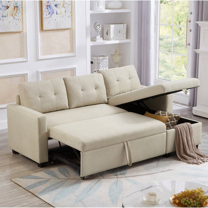 Divano letto trasformabile imbottito da 207 cm (81,5 pollici) a 3 posti con letto estraibile, chaise longue reversibile con vano portaoggetti e cuscini schienale.