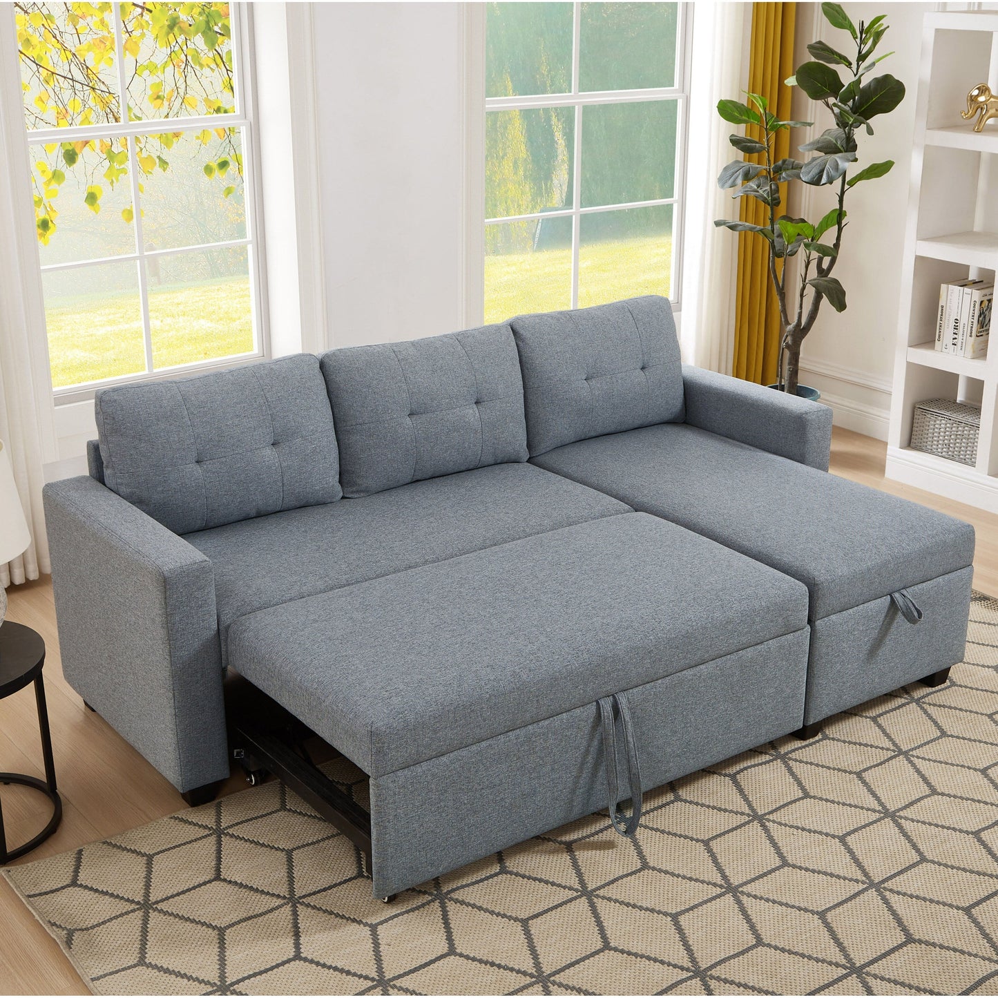 Divano letto trasformabile imbottito da 207 cm (81,5 pollici) a 3 posti con letto estraibile, chaise longue reversibile con vano portaoggetti e cuscini schienale.