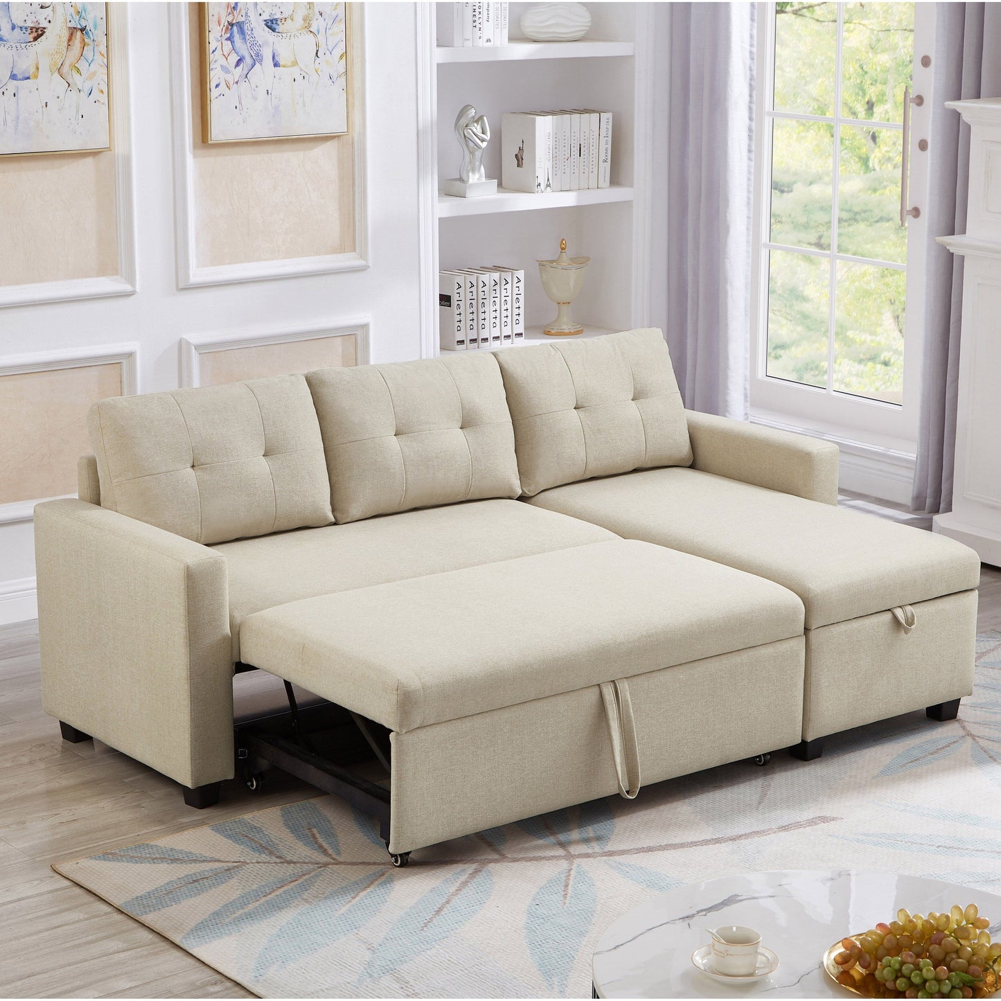 Divano letto trasformabile imbottito da 207 cm (81,5 pollici) a 3 posti con letto estraibile, chaise longue reversibile con vano portaoggetti e cuscini schienale.