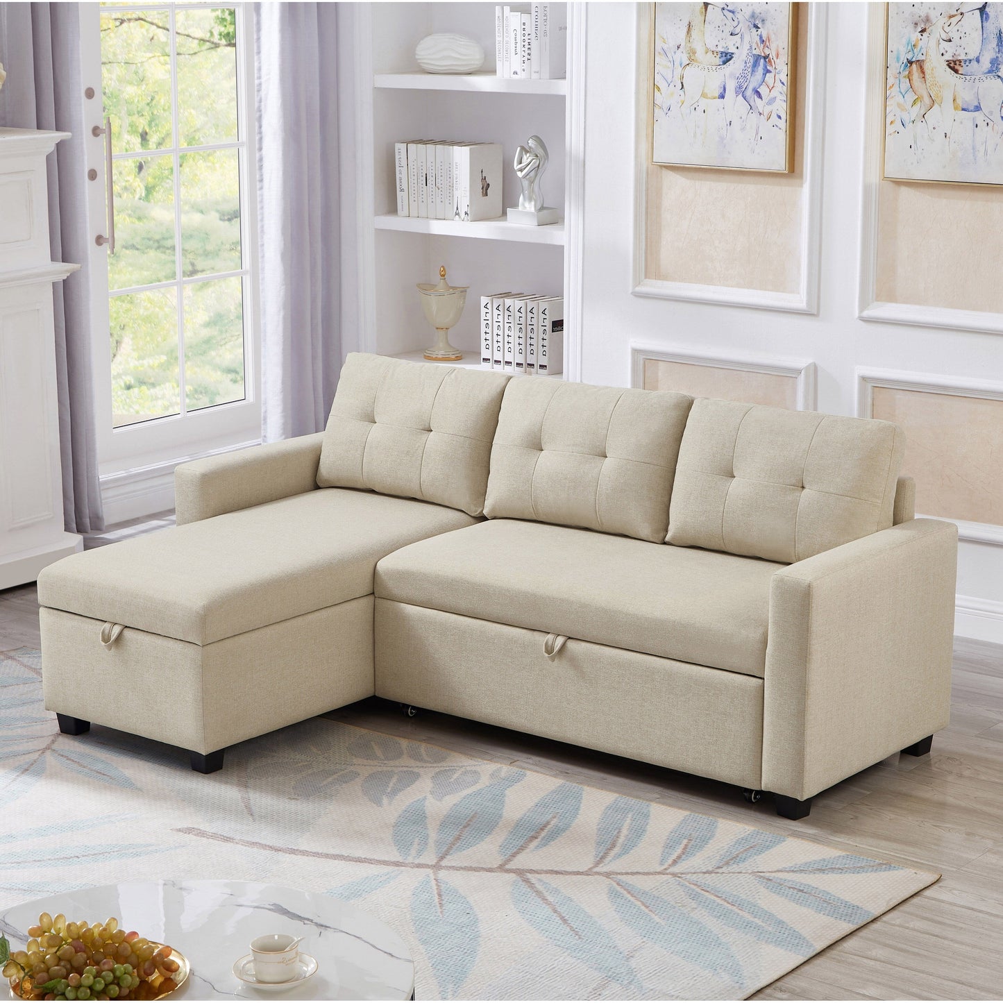 Divano letto trasformabile imbottito da 207 cm (81,5 pollici) a 3 posti con letto estraibile, chaise longue reversibile con vano portaoggetti e cuscini schienale.